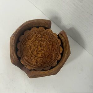 Vintage Wooden Drink Coasters Floral Pattern Hand Carved Round Set of 4 Boho